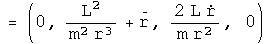 = \(0, -L squared over m squared  R cubed + R double dot, 2 L R dot over m R
squared , 0\)