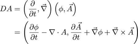 The differential times the potential A equals the time
derivative, Del times phi A equals the time derivative of phi minus the
divergence of A, the time derivative of A plus the gradient of phi plus the
curl of A