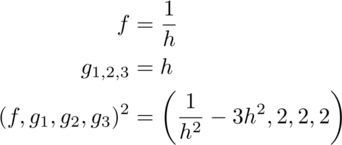 f equals the inverse of h. g 1, 2, 3 equals h. f, g 1, 2, 3 squared equals
the inverse of h squared minus 3 h squared, 2, 2, 2