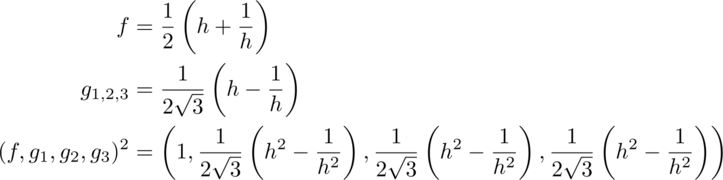 f equals one half h + the inverse of h, g 1, 2, 3 equals one over 2 the
square root of 3 times h minus the inverse of h. The square of f g 1, 2, 3
equals one, then three timer of one over 2 the sqaure root of 3 times h squared minus the inverse of h squared