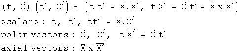 \(t, X\) times \(t prime , X prime\) =  \(t t prime  - X dot X prime , t X
prime  + X t prime + X cross X prime\)axial vectors: X cross X prime